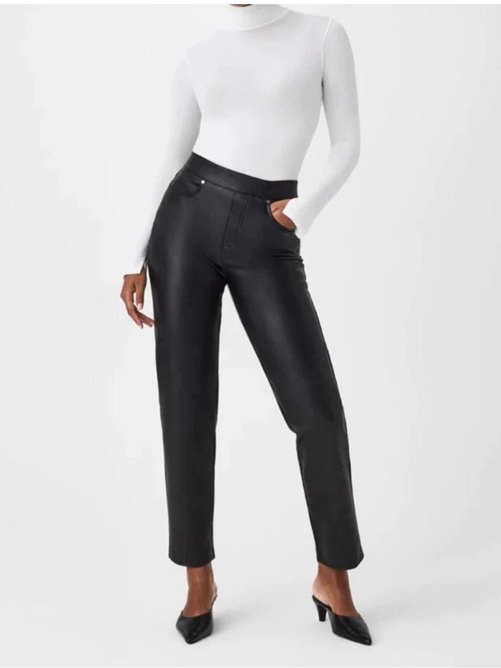 Spanx Faux Leather-Like Slim Straight Pants Black Sz Large NWT